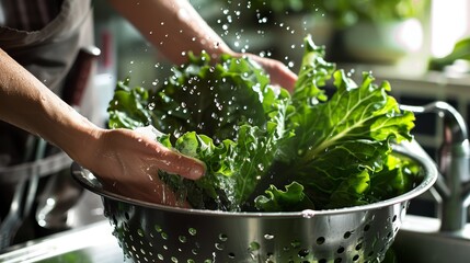 Washing fresh green kale in a colander under tap water. Close-up shot with water droplets in motion. - obrazy, fototapety, plakaty