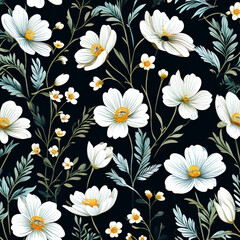 Digital fabric and paper print, white flowers with black background