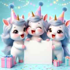 Small cute unicorns singing while holding a blank sign, joyous party invitation concept, shaded realistic style