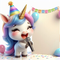 Small cute unicorn singing while holding a blank sign, joyous party invitation concept, shaded realistic style