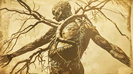 Enigmatic tree-man illustration in sepia tones