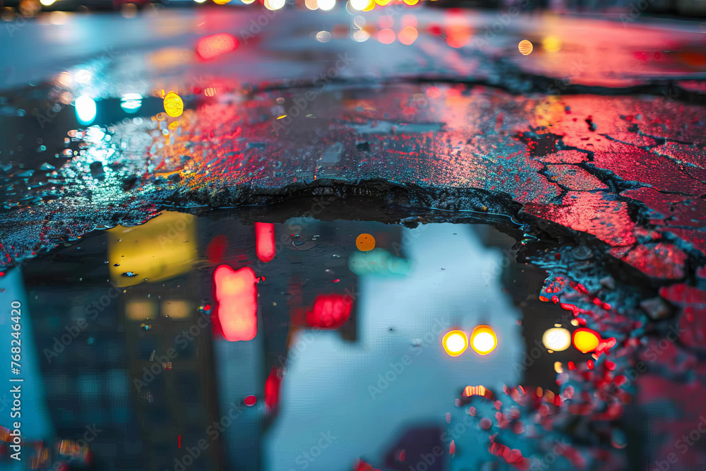 Poster a puddle of water on a street with a reflection of a building in it