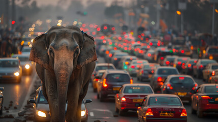 Large Elephant Walking Down Busy Street - obrazy, fototapety, plakaty