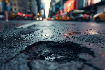 A pothole in the middle of a city street