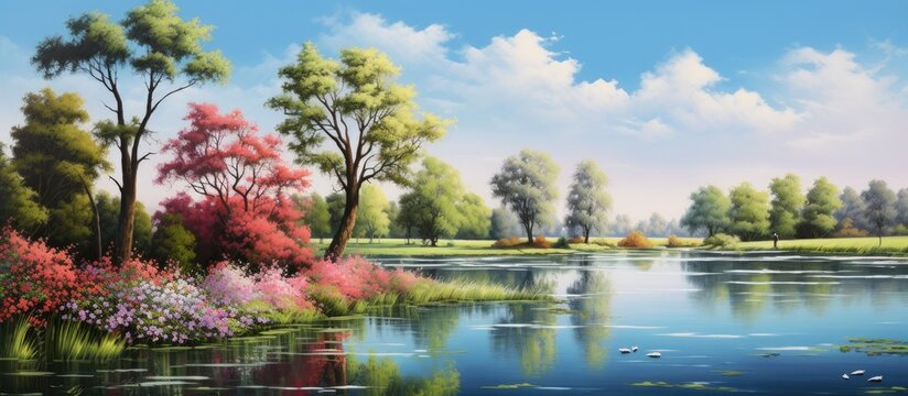 This painting depicts a serene lake nestled among majestic trees under a clear blue sky. The tranquil water reflects the beauty of nature in a picturesque setting.