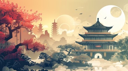 Ancient Chinese Architecture in Confucianism Illustration - obrazy, fototapety, plakaty