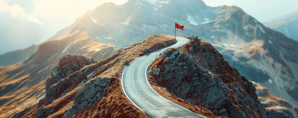 Curvy mountain road leading to a flag on a peak at dawn. Digital artwork with inspirational lighting - obrazy, fototapety, plakaty