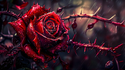 Dewy red rose amidst raindrops
