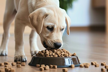 A dog is eating food from a bowl