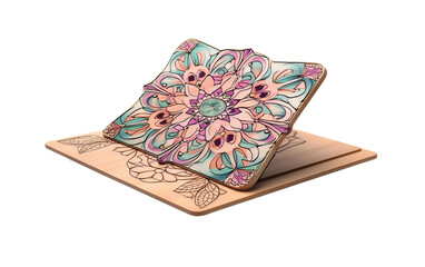 Intricate Floral Mandala Laptop Stand Featuring Delicate Designs Isolated On Transparent Background PNG.