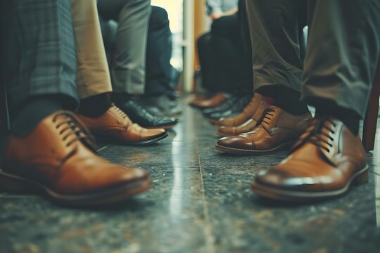 Closeup of business peoples legs waiting for a job interview in a hiring recruitment setting. Concept Job Interviews, Professional Attire, Business Setting, Waiting Room, Recruitment Process