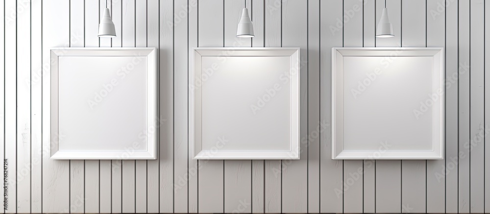 Poster three identical empty white frames are hanging on a wall, each illuminated by a modern lamp above th