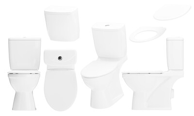 Modern White Ceramic Toilet in Various Angles on Black Background