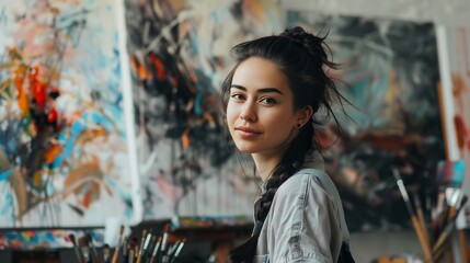 Portrait of a young beautiful woman in her painting studio