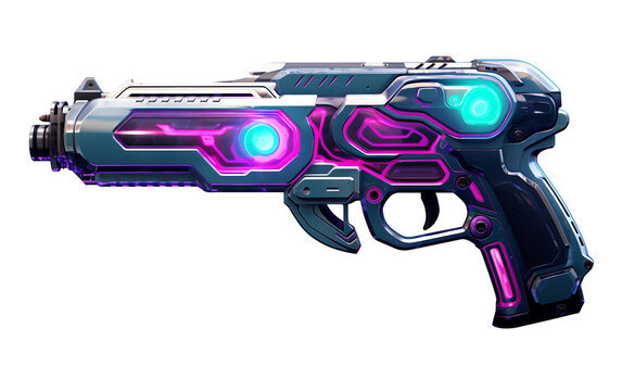 Cyberpunk-Style Firearm With Neon Highlights Isolated On Transparent Background PNG.