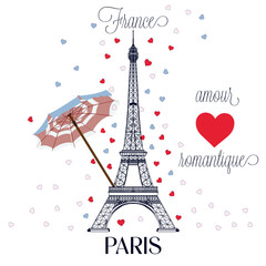 Fashion vector illustration with Eiffel tower, umbrella and hearts
