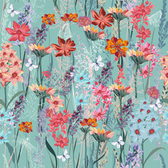 Blooming midsummer floral pattern with vector meadow flowers - 768247867