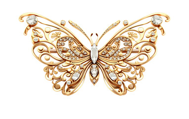 Gold Brooch Resembling a Delicate Butterfly Isolated On Transparent Background PNG.