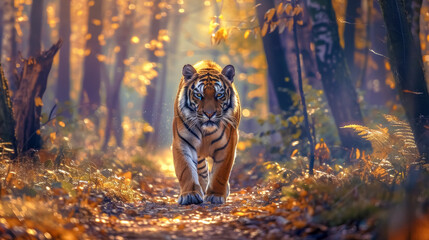 Majestic tiger walking in sunlit forest