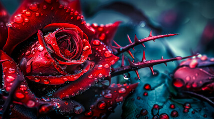 Dewy red rose amidst thorns