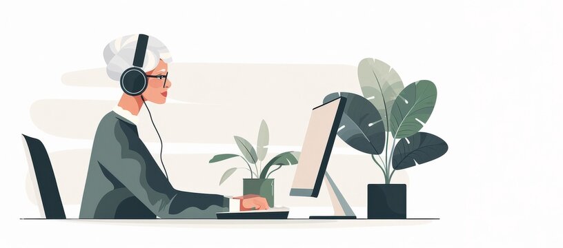 Senior women sitting at her computer, headphones on grey hair, some green plants in pots. Baby boomer influencer, elder using computer to speak with friends, family. Being connected in modern world.