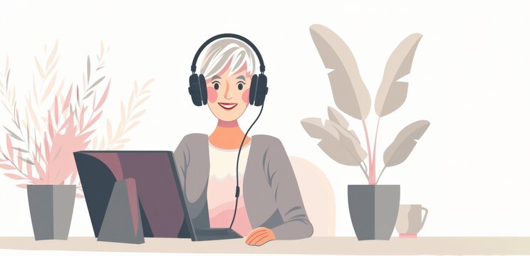 Elderly woman at her computer, wearing headphones over her gray hair, with potted plants nearby. Utilizing modern connectivity as a baby boomer, connecting with friends, family, followers. 