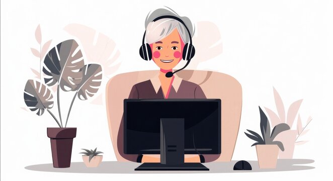 Elderly woman at her computer, wearing headphones over her gray hair, with potted plants nearby. Utilizing modern connectivity as a baby boomer, connecting with friends, family, followers. 