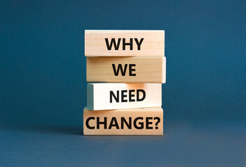 Naklejka premium Why we need change symbol. Concept words Why we need change on beautiful wooden block. Beautiful grey table grey background. Business and why we need change concept. Copy space.