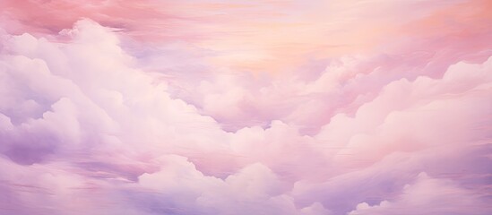 An exquisite painting showcasing a serene sky filled with fluffy white clouds, capturing a peaceful and calming atmosphere - obrazy, fototapety, plakaty