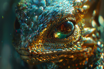 A close up of a lizard with a gold and blue pattern on its face
