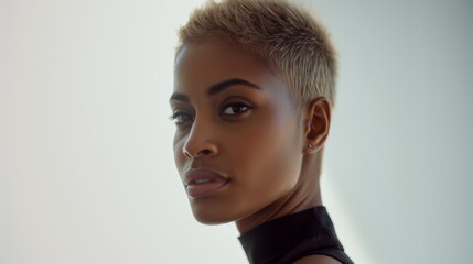 Close-up of an African American woman with a short stylish haircut and bleached hair. beauty and fashion, style and creativity.