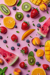flat lay composition of summer fruits on pink background,summer wallpaper,banner,hello summer,summer solstice