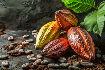 Assorted colorful cocoa pods and beans on a dark surface with leaves, illustrating the raw materials of chocolate production - obrazy, fototapety, plakaty