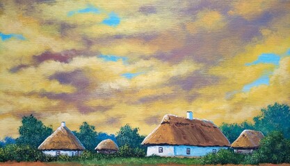 Old village in the forest, oil paintings rustic landscape - 768249606