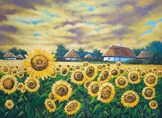 Rustic landscape, oil paintings rural landscape, old village, sunflower field and sky. Fine art, artwork - 768249622