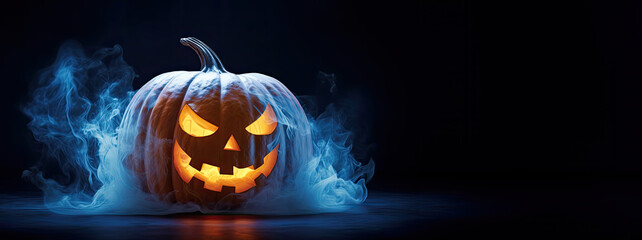 halloween pumpkin banner on black baclground, enigmatic pumpkin luminary emerges from midnight mist, ghostly fog against a dark backdrop - Powered by Adobe