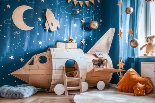 A cozy children's room with a wooden spaceship bed and celestial-themed decorations creating a dreamy space atmosphere.