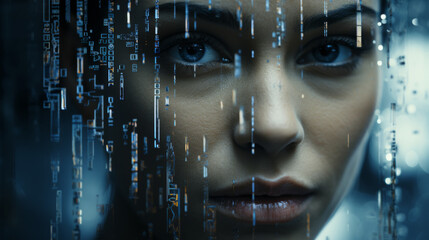 Cyber enigma: a woman’s portrait amidst streaming code in a digital realm