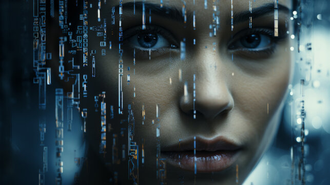 Cyber enigma: a woman’s portrait amidst streaming code in a digital realm