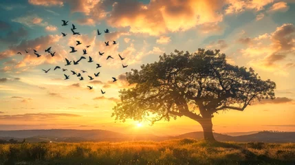 Fotobehang Sunset serenity with flock of birds over scenic landscape © edojob
