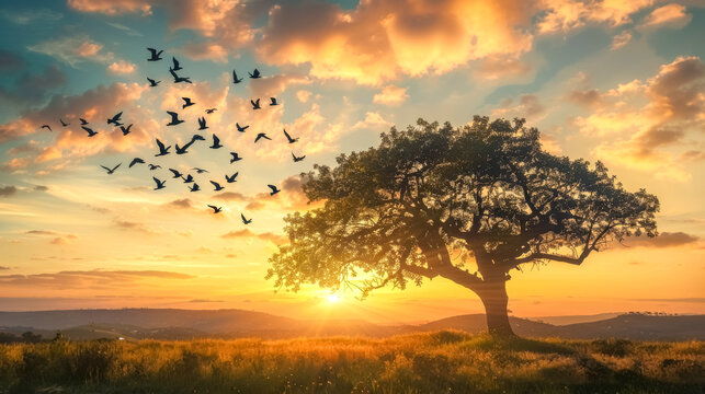 Sunset serenity with flock of birds over scenic landscape