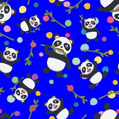 Cute Panda seamless pattern with colorful polka dots and blue color background for kids
