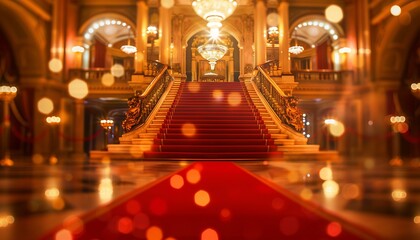 Luxurious red carpet with golden staircase and chandeliers for exclusive events in grand hall - obrazy, fototapety, plakaty