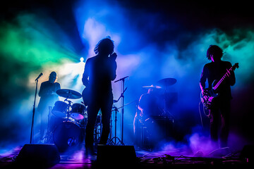 A band of four musicians playing on stage with a purple