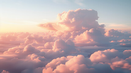 Clouds background in soft, warm, pastel and neutral colors. Aesthetic minimalism wallpaper for social media content. View of sky above clouds. Serene, calming backdrop. Tranquility and simplicity. - obrazy, fototapety, plakaty