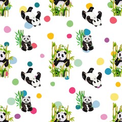 Cute Panda seamless pattern with colorful polka dots and white color background for kids