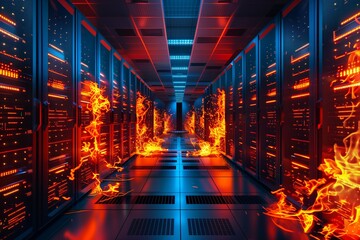 Modern futuristic data center storage supercomputer room, server cabinets with wires, burning on fire in flames. Concept of cyberattack, data breach, security vulnerability overheat, system failure