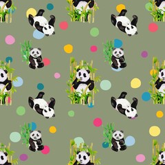 Cute Panda seamless pattern with sage green color background for kids