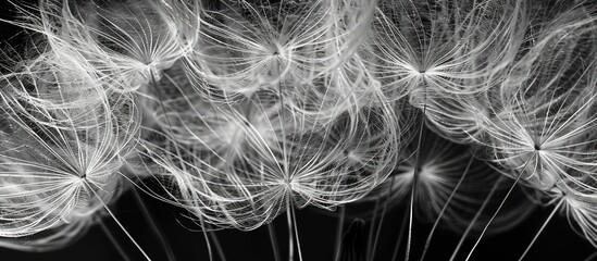 This black and white picture captures a cluster of dandelions with their fluffy seeds being carried away by the wind. The delicate seeds are dispersing from the flowers, creating a sense of movement