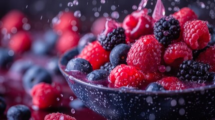 Closeup of fresh raspberries and blueberries in bowl with water drops